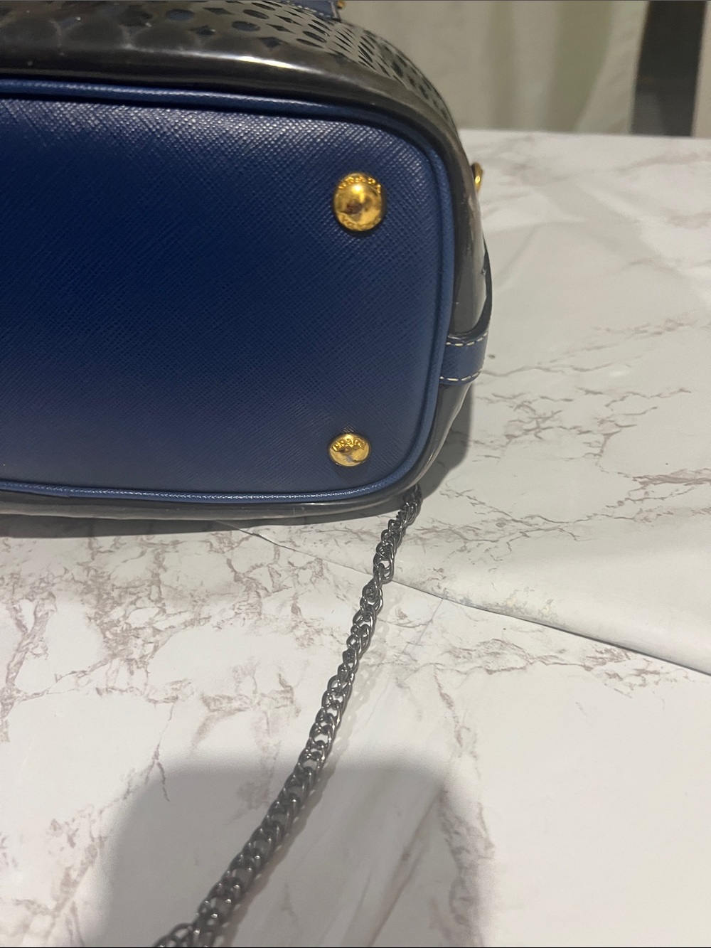 Prada Navy Perforated Patent Leather Shoulder Tote with Chain Strap - Picture 3 of 10